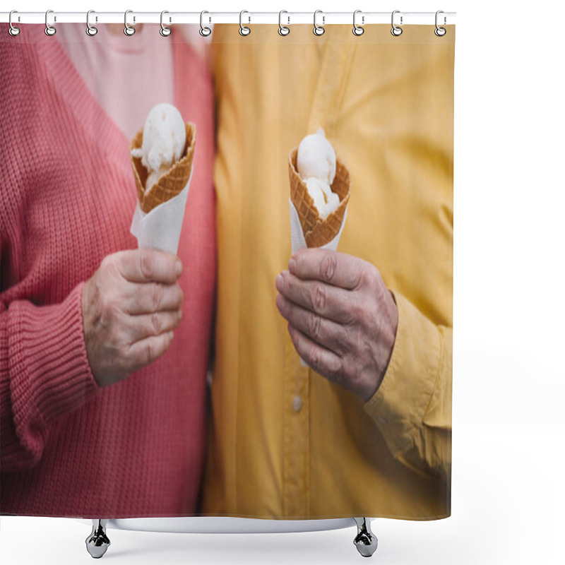 Personality  Cropped View Of Senior Couple Holding Ice Cream Cones Shower Curtains