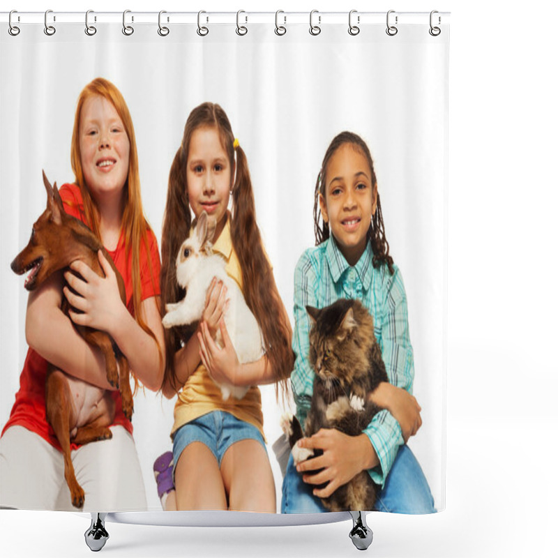 Personality  Girls Playing With Their Pets Together Shower Curtains