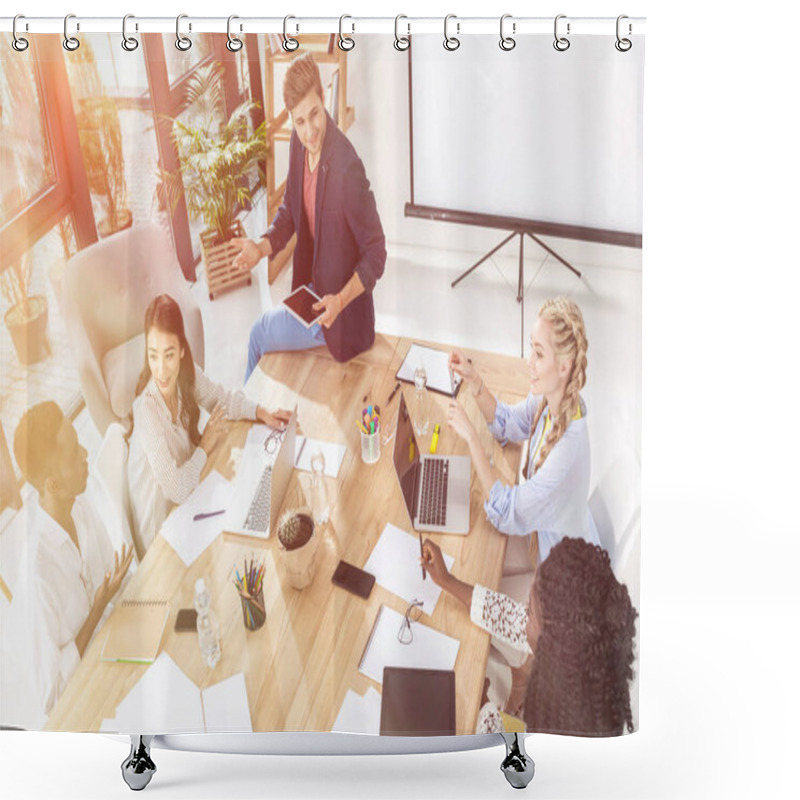 Personality  High Angle View Of Multicultural Business Team Having Meeting In Office Shower Curtains