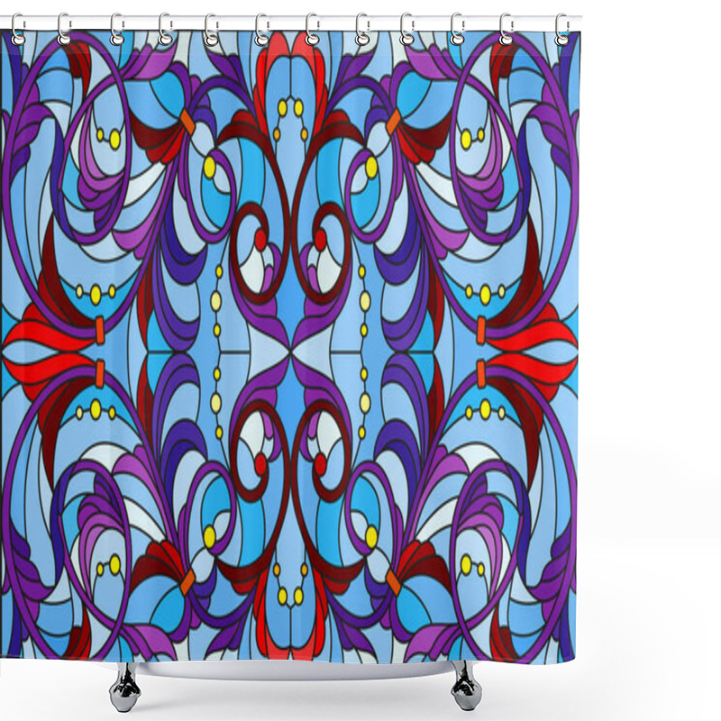 Personality  Illustration In Stained Glass Style With Abstract Flowers, Leaves And Curls On Blue Background, Horizontal Orientation Shower Curtains