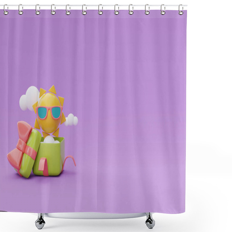 Personality  Opened Gift Box, Sun With Sunglasses And Clouds Floating On Purple Background, Summer Time Concept, 3d Rendering. Shower Curtains