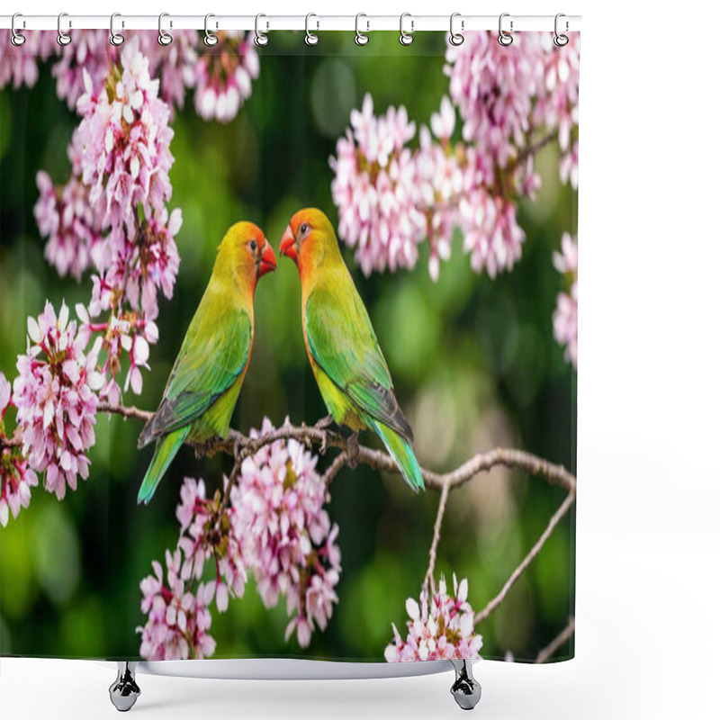 Personality  Two Lovebirds Perched On A Heart-shaped Tree Branch, Surrounded By Delicate Pink Flowers. Shower Curtains