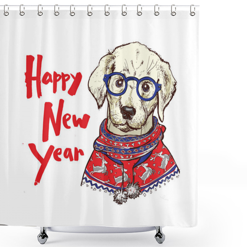 Personality  Christmas Greeting Card With Happy Winter Pug Dog Wearing In The Knitted Sweater, Vector Illustration Shower Curtains