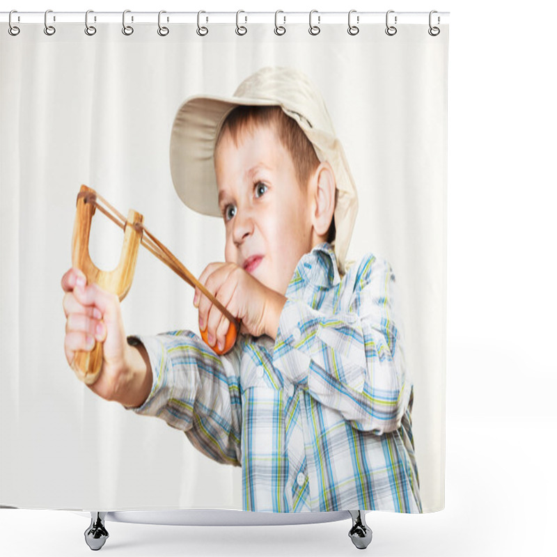 Personality  Kid Holding Slingshot In Hands Shower Curtains