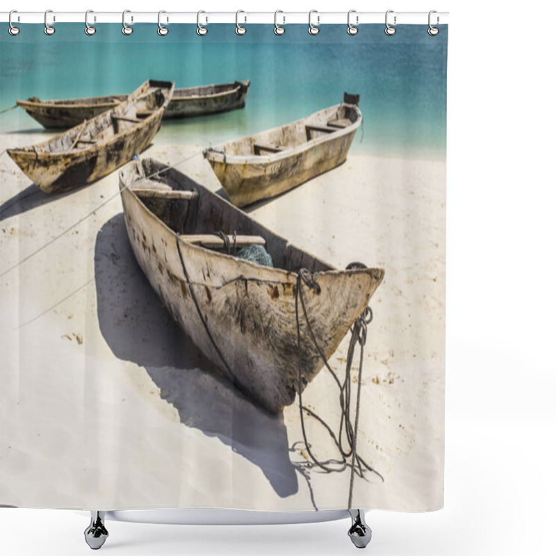 Personality  Beautiful Zanzibar Coast Line. Wooden Fisherman Boats On Sandy Beach With Blue Water Background, Zanzibar, Tanzania Shower Curtains