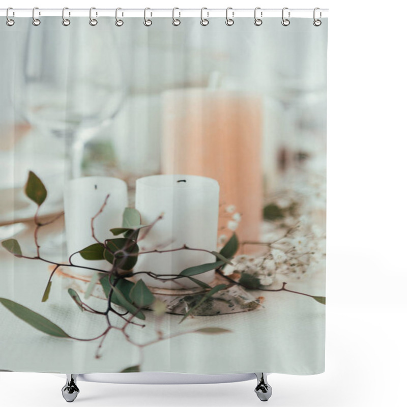 Personality  Close Up View Of Stylish Table Setting With Candles, Flowers And Eucalyptus For Rustic Wedding Shower Curtains