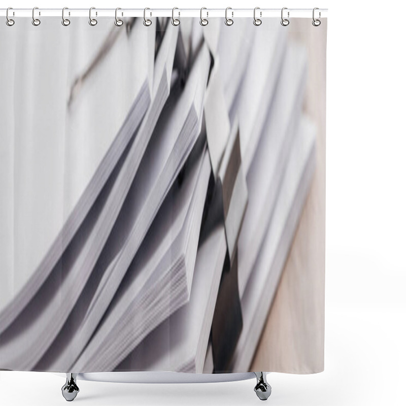 Personality  Panoramic Shot Of Stacks Of Blank Paper With Metal Paper Clips Shower Curtains