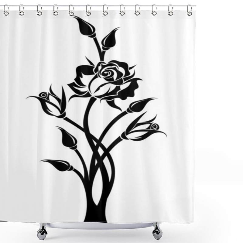 Personality  Black Silhouette Of Branch With Rose And Buds. Vector Illustration. Shower Curtains