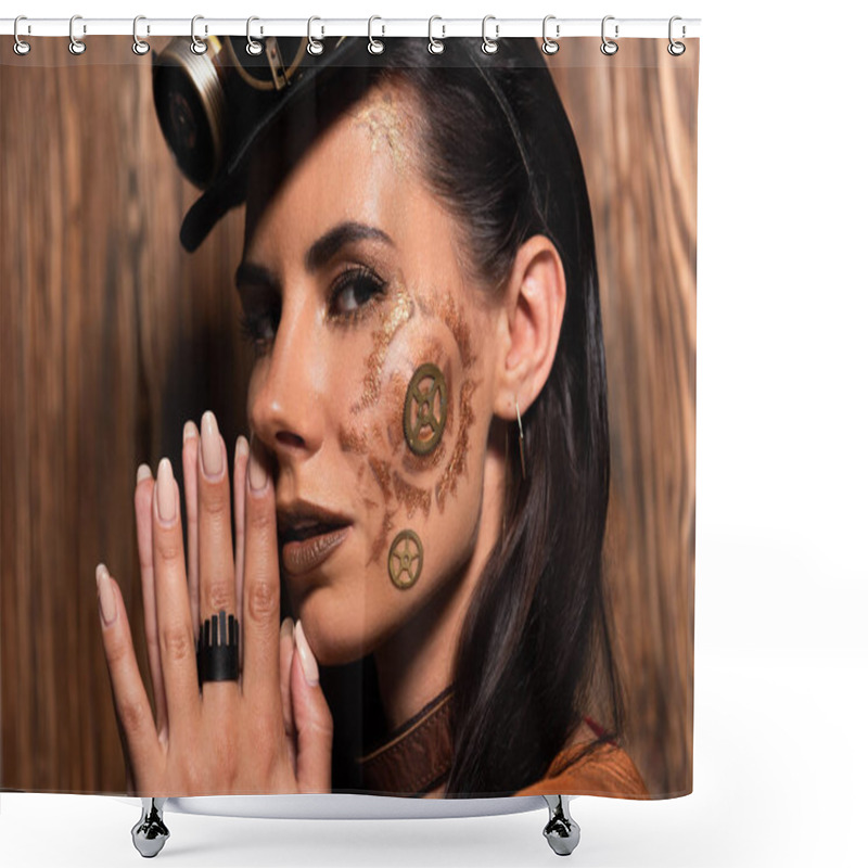 Personality  Pensive Steampunk Woman Showing Please Gesture On Wooden Shower Curtains