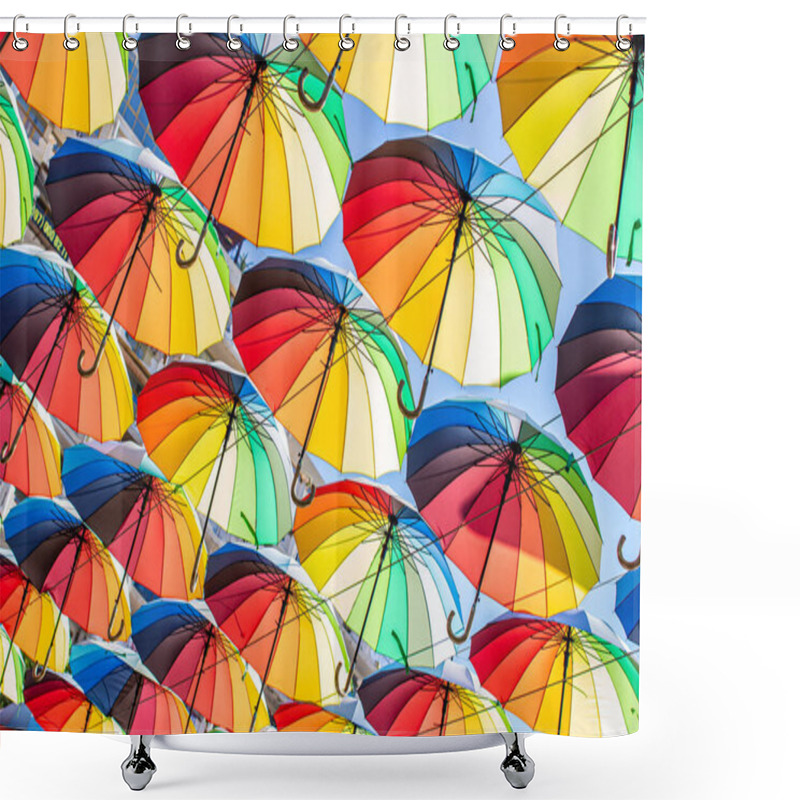 Personality  Colorful Umbrellas Blue, Green, Red, Rainbow Umbrellas Background Street With Umbrellasin The Sky Shower Curtains