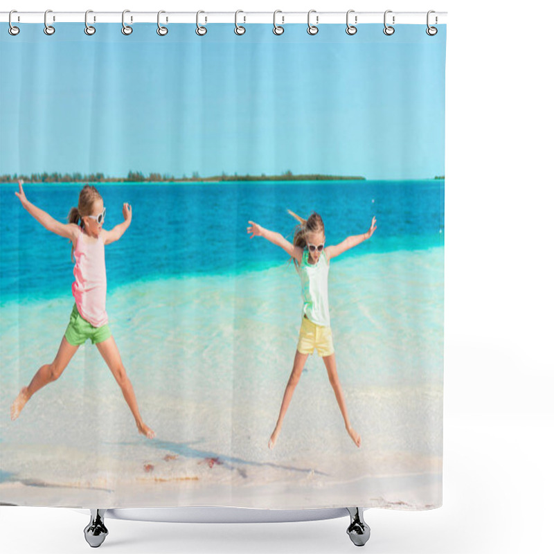 Personality  Adorable Little Girls Having Fun On The Beach Full Of Starfish On The Sand Shower Curtains