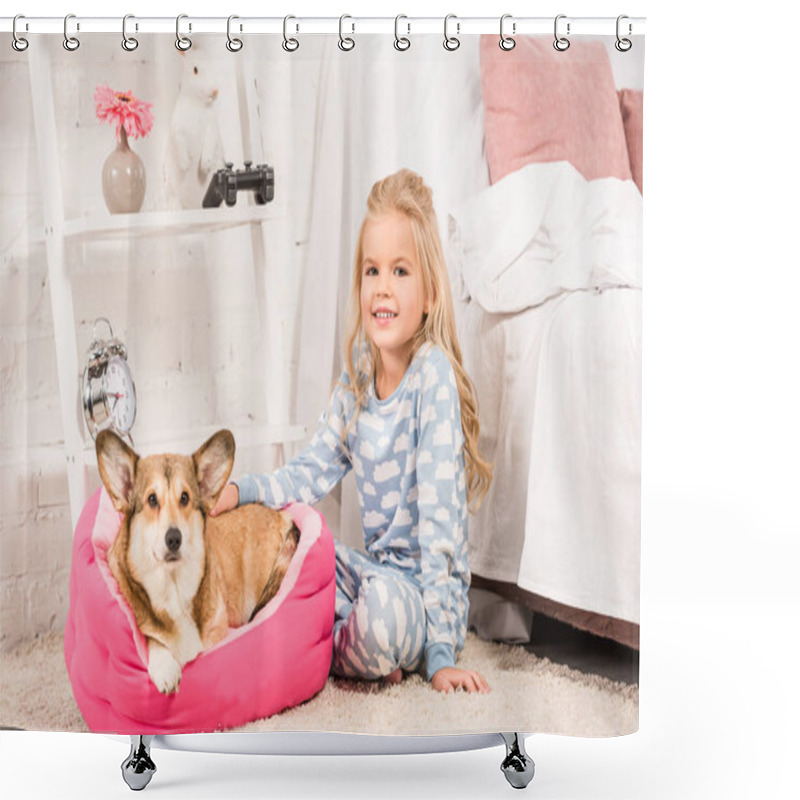 Personality  Cute Child In Pajamas Sitting With Welsh Corgi Dog And Looking At Camera At Home  Shower Curtains