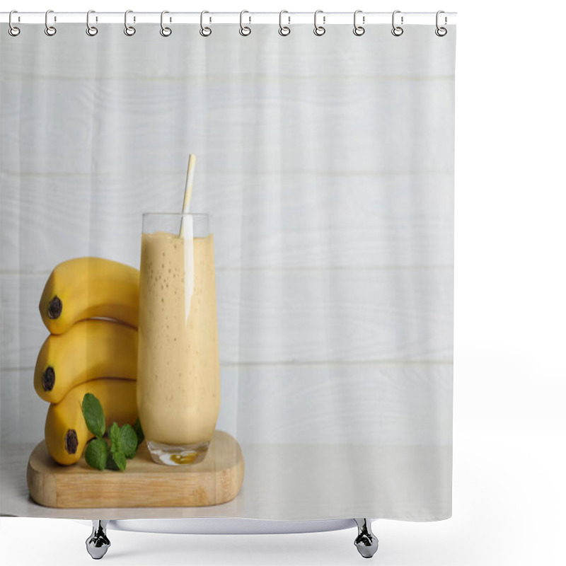 Personality  Glass Of Tasty Smoothie, Mint And Fresh Bananas On White Wooden Table. Space For Text Shower Curtains