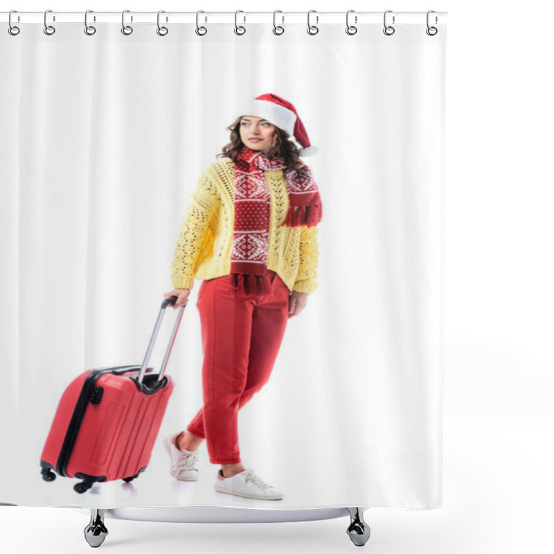 Personality  Young Woman In Santa Hat And Scarf With Ornament Standing With Travel Bag Isolated On White Shower Curtains