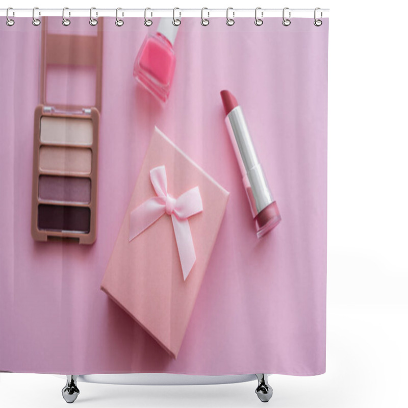 Personality  Top View Of Present With Bow Near Decorative Cosmetics On Pink Shower Curtains