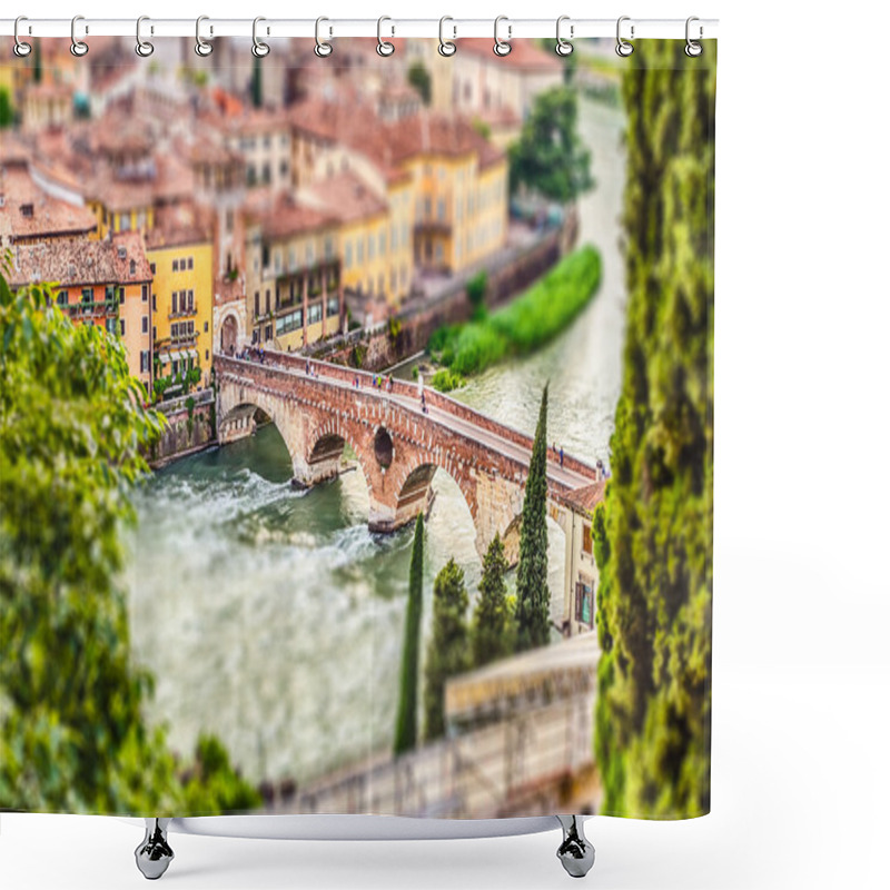 Personality  Ancient Roman Bridge In Verona, Italy. Tilt-shift Effect Applied Shower Curtains