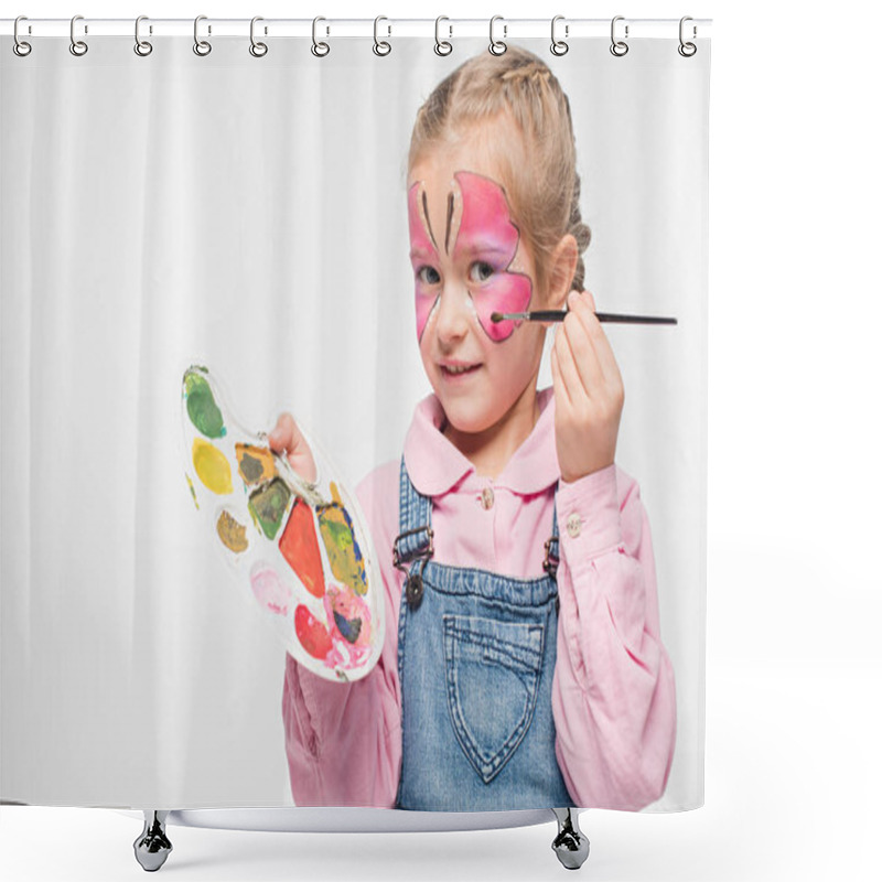 Personality  Smiling Child With Butterfly Painting On Face Holding Palette And Paintbrush Isolated On White Shower Curtains