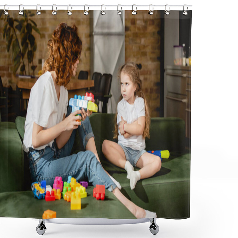 Personality  Curly Mother Holding Toy Gun And Looking At Offended Daughter With Crossed Arms  Shower Curtains