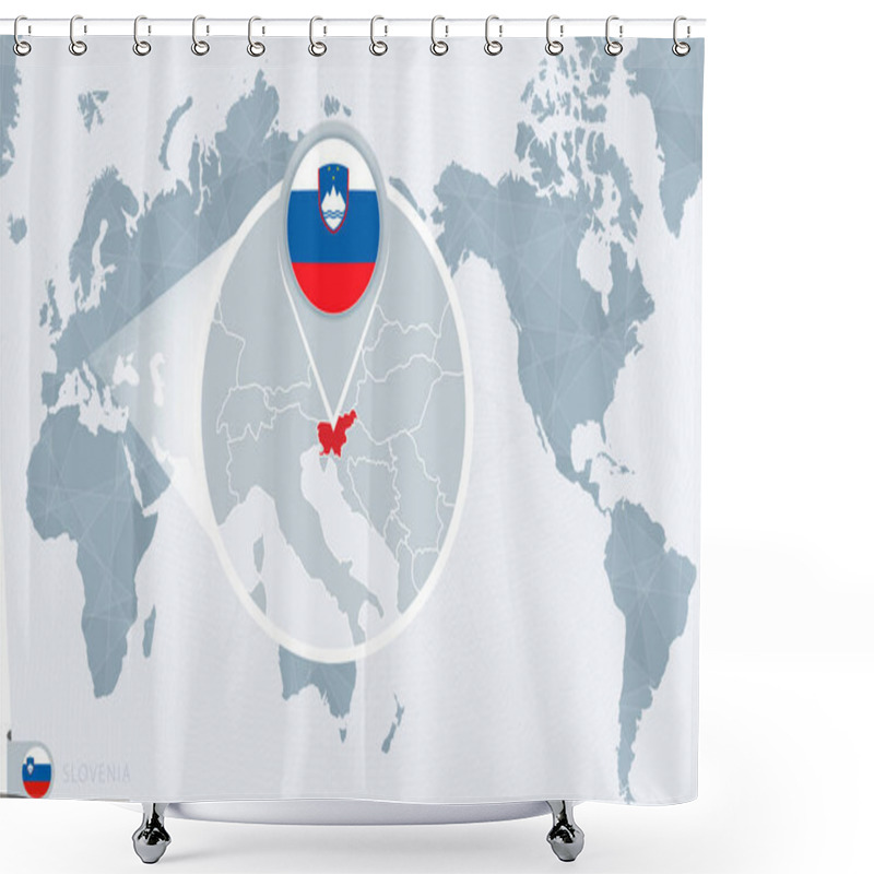 Personality  Pacific Centered World Map With Magnified Slovenia. Flag And Map Of Slovenia. Shower Curtains