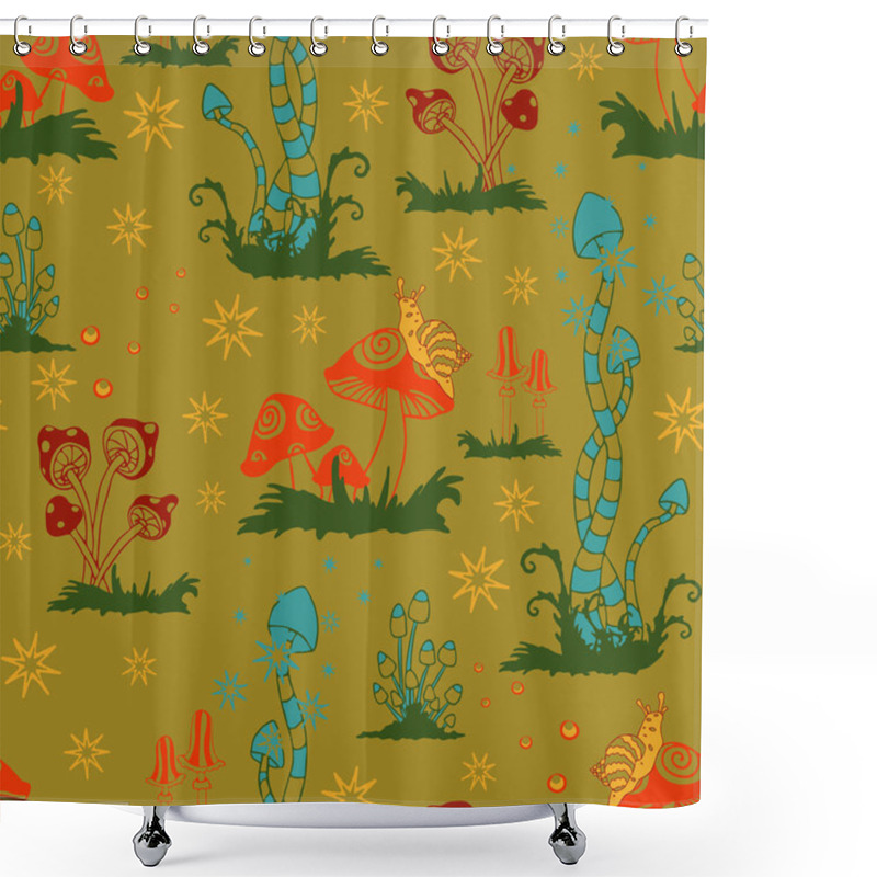 Personality  Seamless Vector Pattern With Mushrooms On Green Yellow Background. Fantasy Forest Wallpaper Design. Magic Landscape Fashion Textile. Shower Curtains