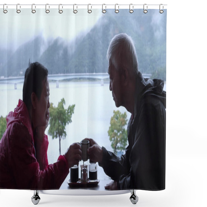 Personality  Asian Senior Couple Drinking Tea Travel Together Rainy Day Mount Shower Curtains