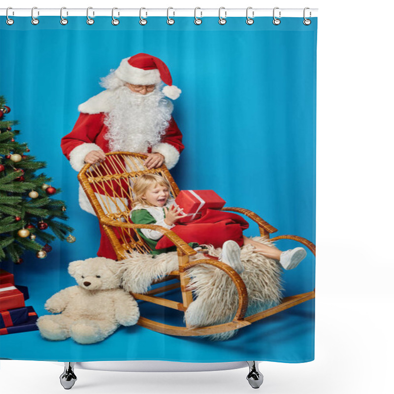 Personality  Santa Claus Rocking Chair With Excited Girl With Prosthetic Leg Near Teddy Bear And Christmas Tree Shower Curtains