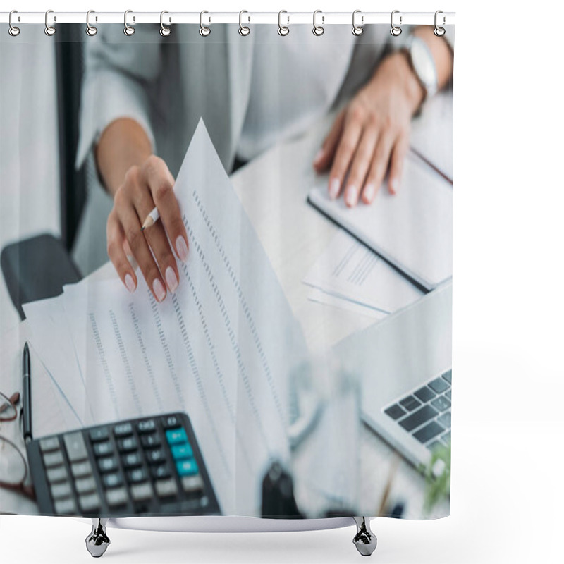 Personality  Cropped View Of Woman Doing Paperwork And Holding Pencil  Shower Curtains