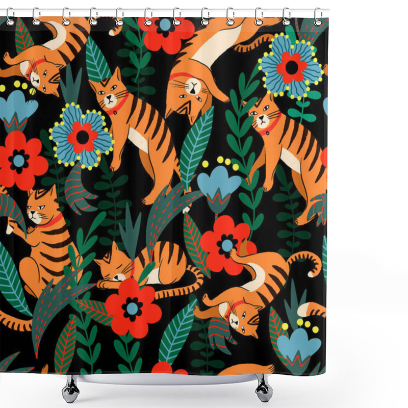 Personality  Seamless Pattern With Tiger And Flowers. Vector. Shower Curtains