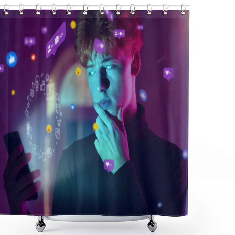 Personality  Man Using Interface Modern Technology And Digital Layer Effect For Social Media Displaying Shower Curtains