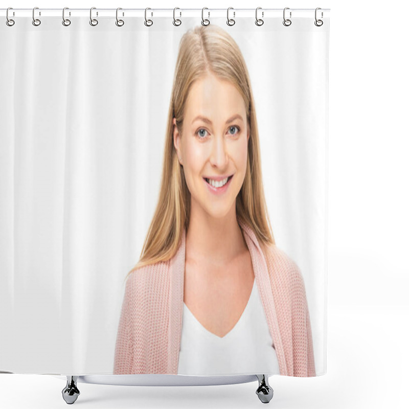 Personality  Beautiful Woman In Pink Cardigan Smiling And Looking At Camera Isolated On White Shower Curtains