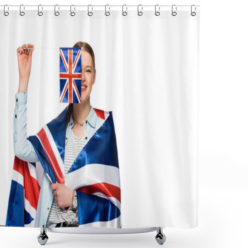 Personality  Happy Pretty Girl With Obscure Face And Uk Flags Isolated On White Shower Curtains