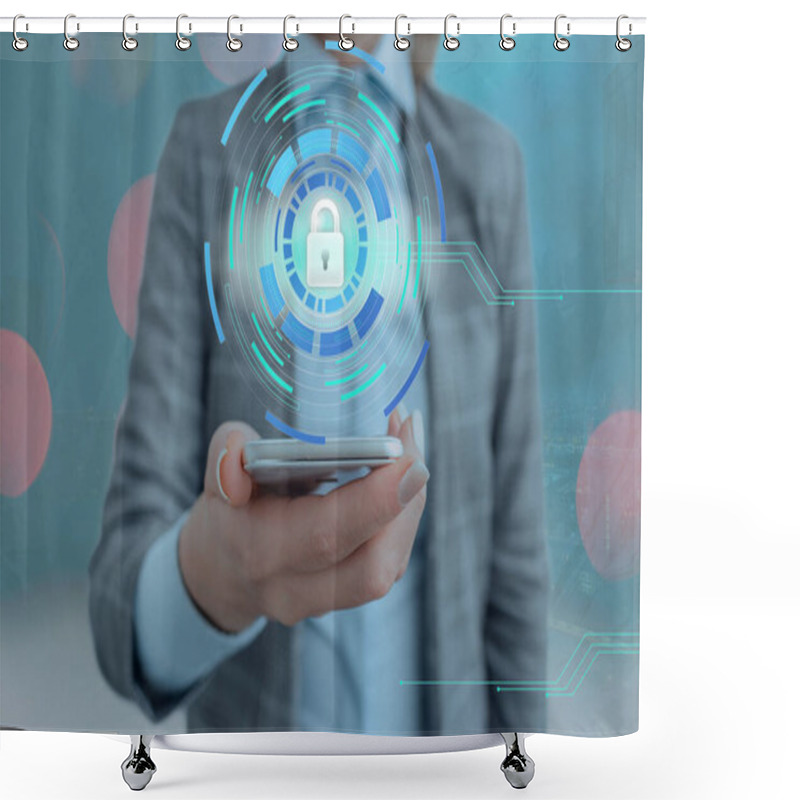 Personality  Graphics Of Latest Digital Technology Protection Data Padlock Security On The Virtual Display. Businessman With Lock To Secure. Shower Curtains