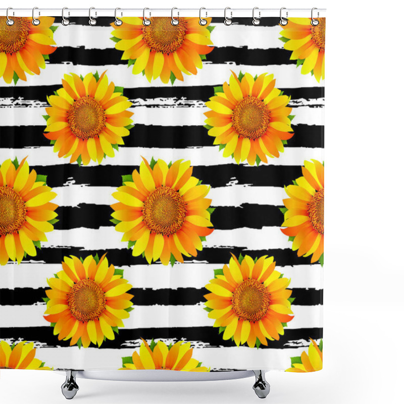 Personality  Seamless Pattern With Sunflowers On Black And White Stripes Background Vector Shower Curtains