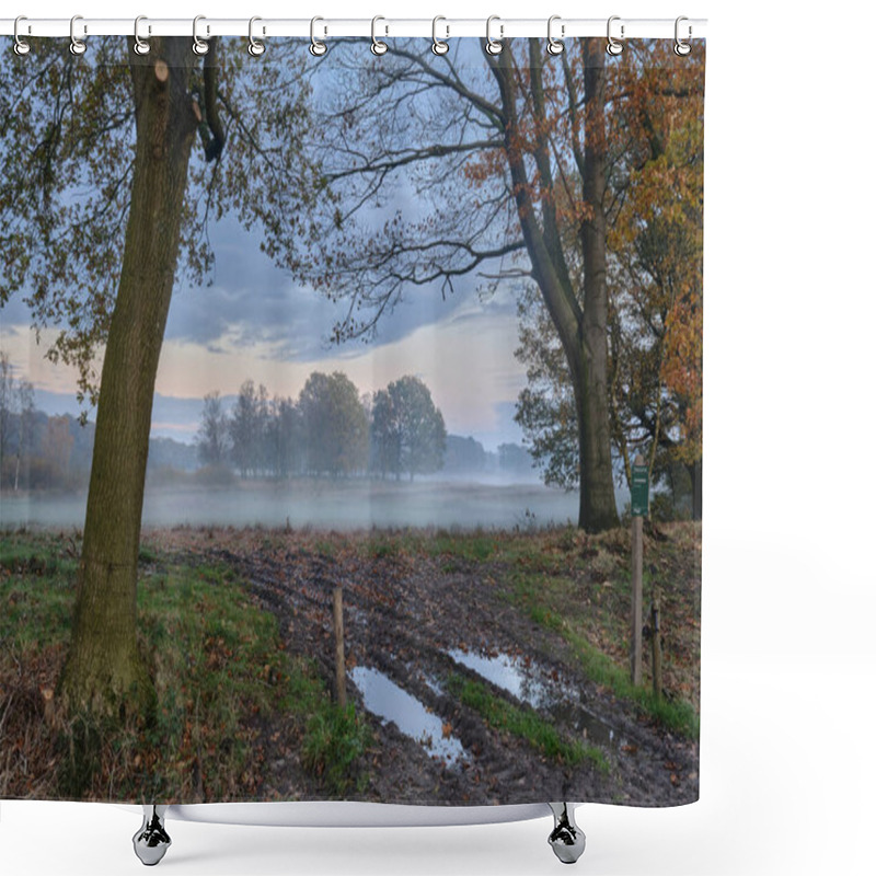 Personality  November 11, 2023 - The Netherlands: A Serene Autumn Morning At Landgoed Vossenberg, Drenthe, Featuring Misty Meadows, Scattered Trees, And Muddy Tracks With Reflective Puddles. Shower Curtains