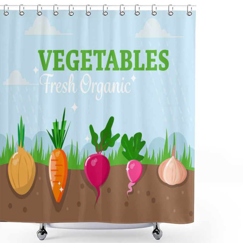 Personality  Eco-friendly Vegetables In The Garden. Healthy Food And Farm Products Concept. Vector Illustration. Shower Curtains