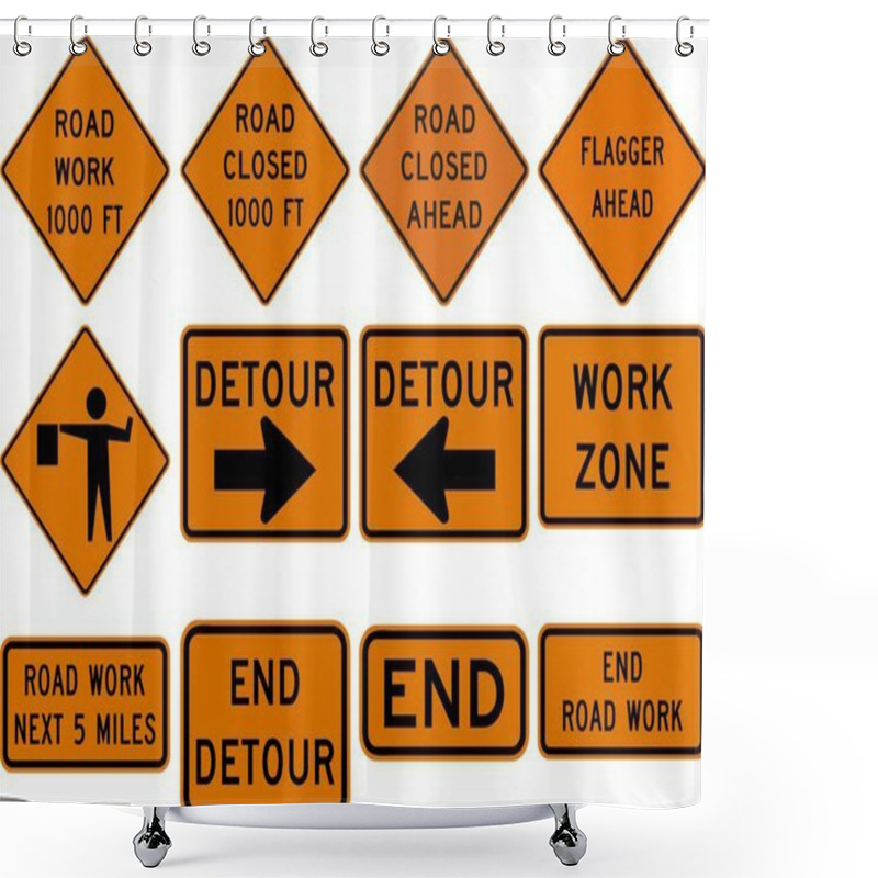 Personality  Road Work And Detour Signs Collection Featuring Work Zone, End Road Work, And Flagger Warnings. Road Signs In The United States. Shower Curtains