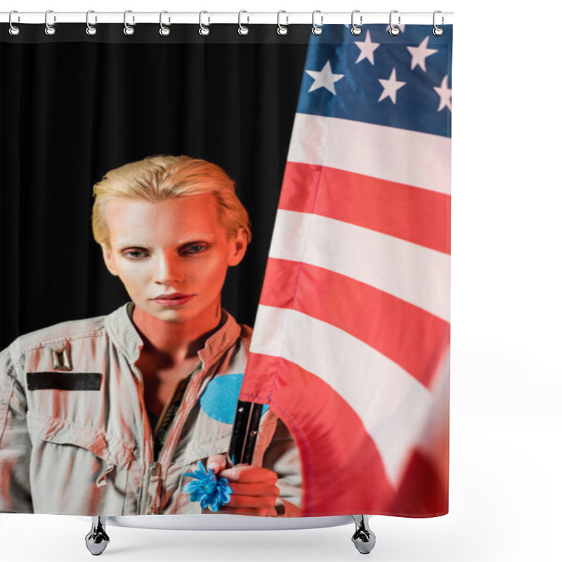 Personality  Attractive Female Astronaut In Spacesuit Holding American Flag, Isolated On Black Shower Curtains