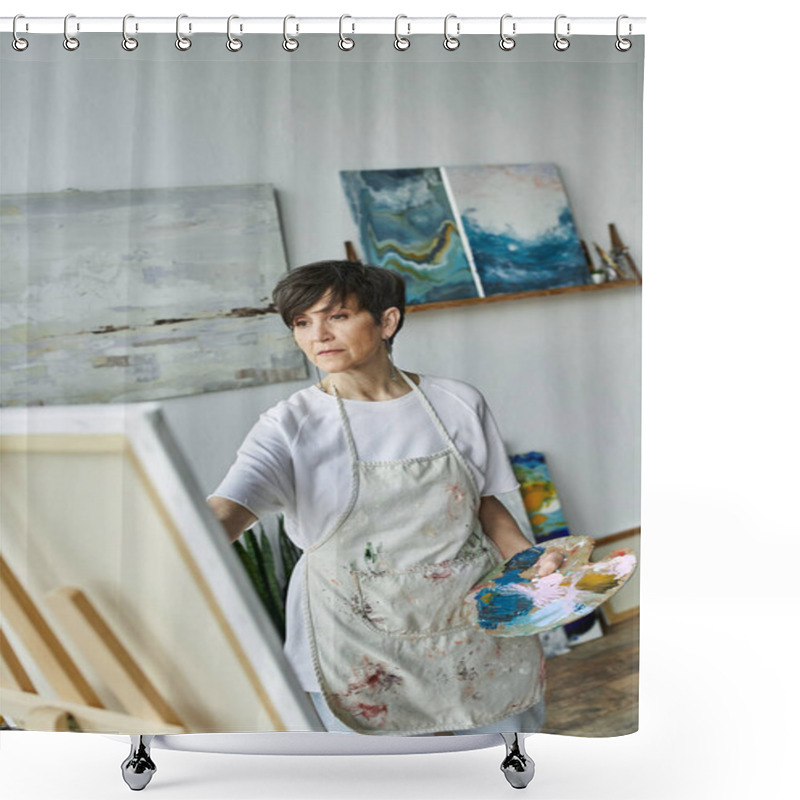 Personality  A Woman Engages In Painting With A Palette In Hand, Immersed In Her Creative Space. Shower Curtains