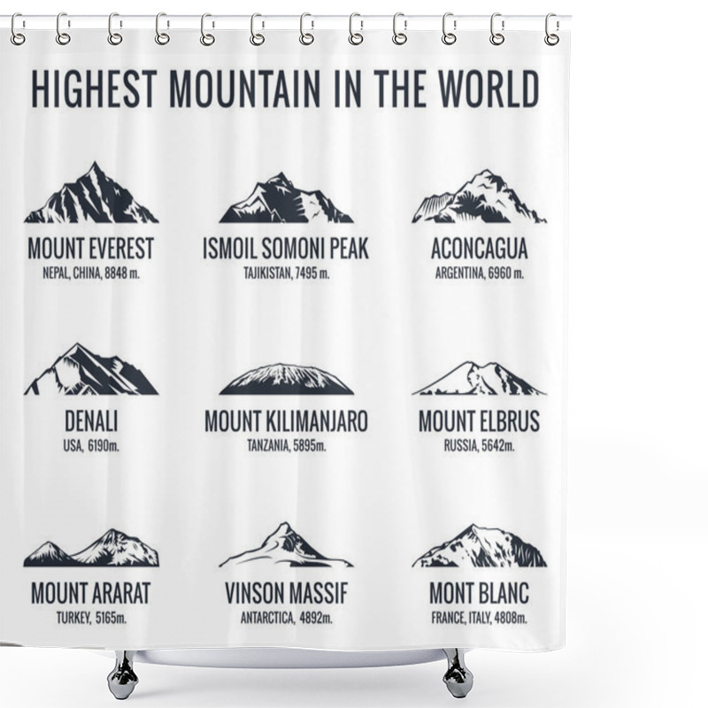 Personality  Mountain Tourist Vector Logos Set. Posters Adventures Outdoors. Icons Of The World Highest Mountains Shower Curtains