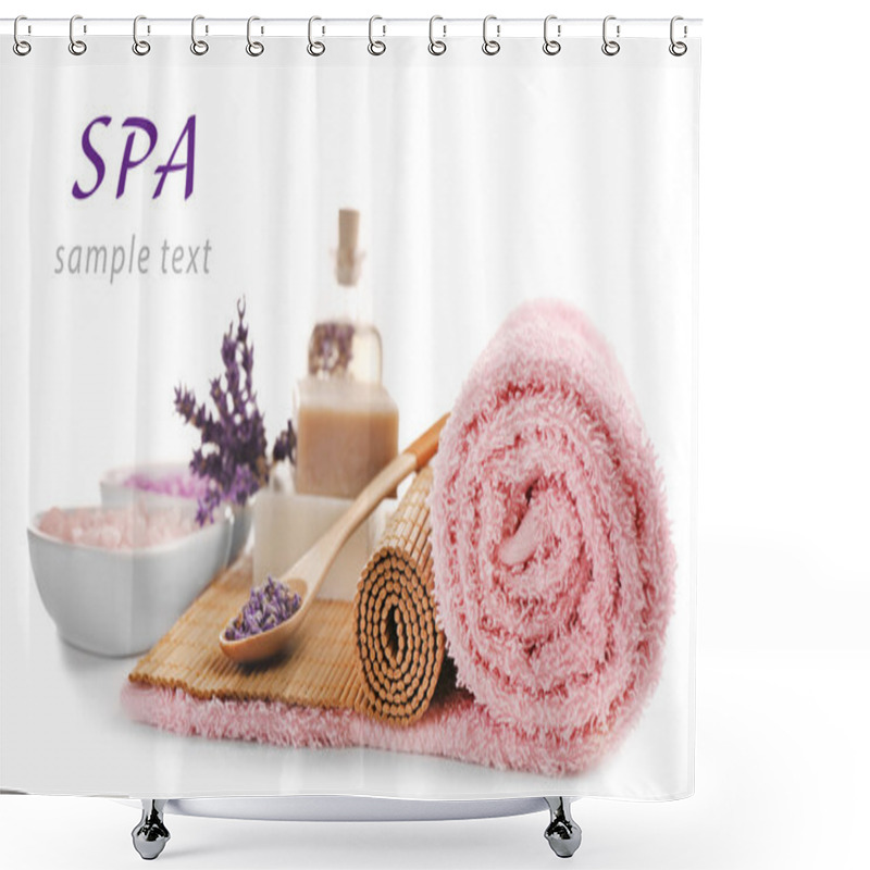 Personality  Spa Composition And Word SPA On White Background. Space For Text. Shower Curtains