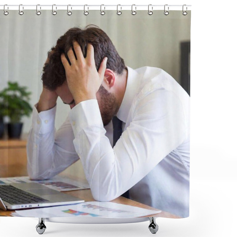 Personality  A High-resolution Ultrarealistic Image Photo Capturing A Moment Of Exhaustion. A Man Wearing A White Shirt With Rolled-up Sleeves Rests His Head Facedown On A Desk, Hands Clasped Over His Head. On The Desk, A Silver Laptop Is Partially Visible To Shower Curtains