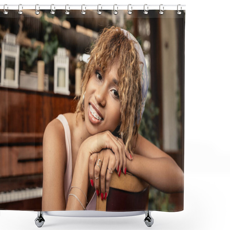 Personality  Portrait Of Smiling And Trendy African American Woman With Braces Looking At Camera While Sitting Near Blurred Piano In Indoor Garden, Woman In Comfortable And Trendy Summer Outfit Shower Curtains