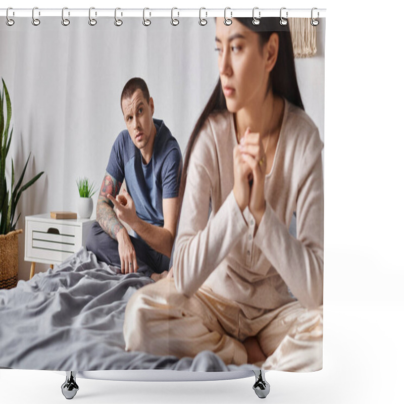 Personality  Young Tattooed Man Talking To Upset Asian Wife While Sitting On Bed At Home, Divorce Concept Shower Curtains