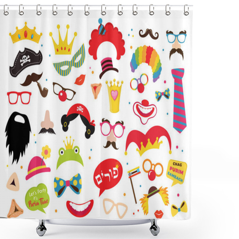 Personality  Design For Jewish Holiday Purim With Masks And Traditional Props. Vector Illustration - Vector -Happy Purim Greeting In Hebrew Shower Curtains