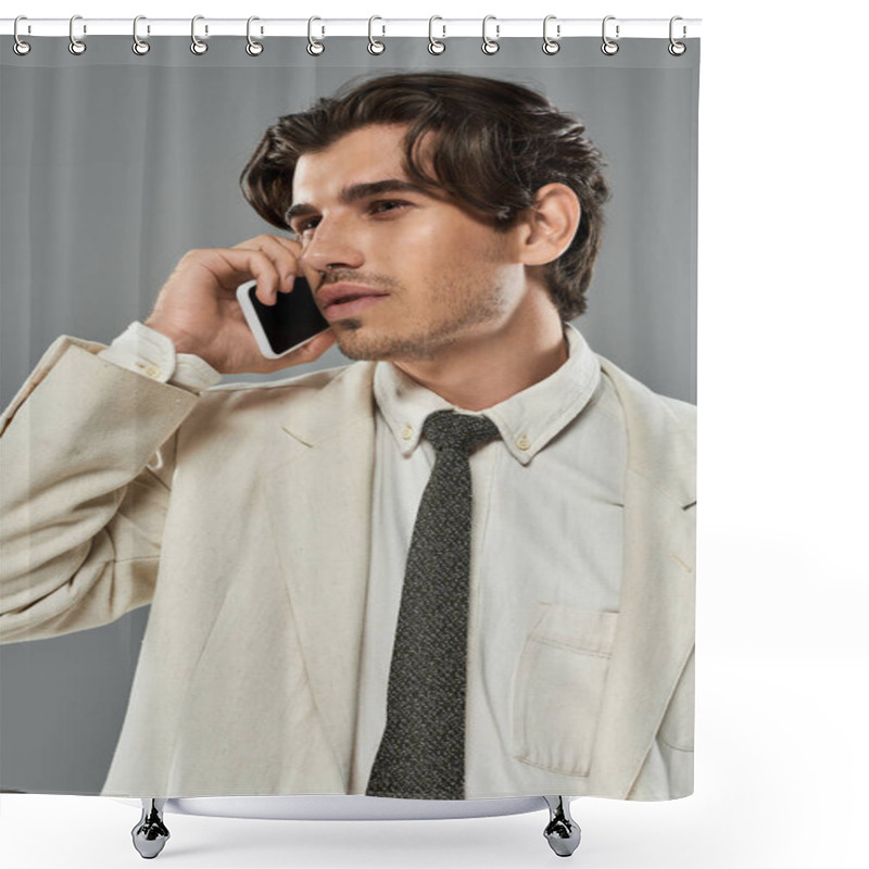 Personality  A Young Man Dressed In Elegant Formal Wear Engages In A Phone Conversation, Showcasing His Confident Demeanor. Shower Curtains