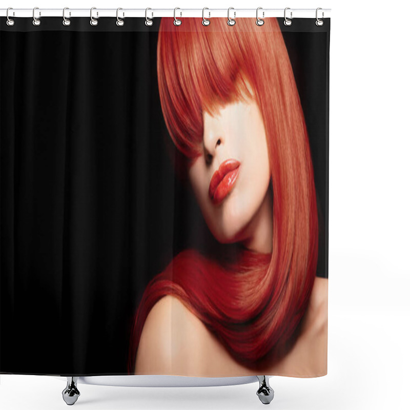 Personality  Beautiful Model Showcasing Healthy Dyed Red Hair With A Stylish Hairstyle And Vibrant Makeup Against A Black Background. Shower Curtains