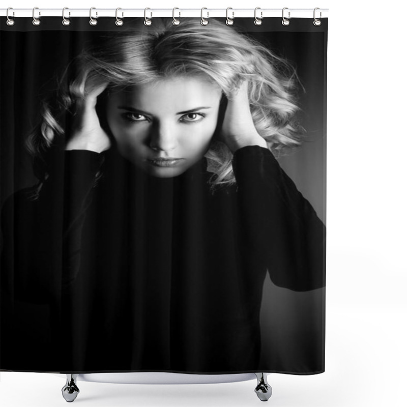 Personality  Penetrating Glance. Black-and-white Portrait Of A Calm Beautiful Young Woman Shower Curtains