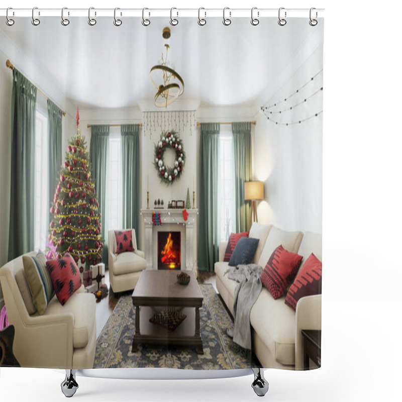 Personality  A Festive Living Room Showcases A Beautifully Decorated Christmas Tree Along With A Cozy, Warm Fireplace Shower Curtains