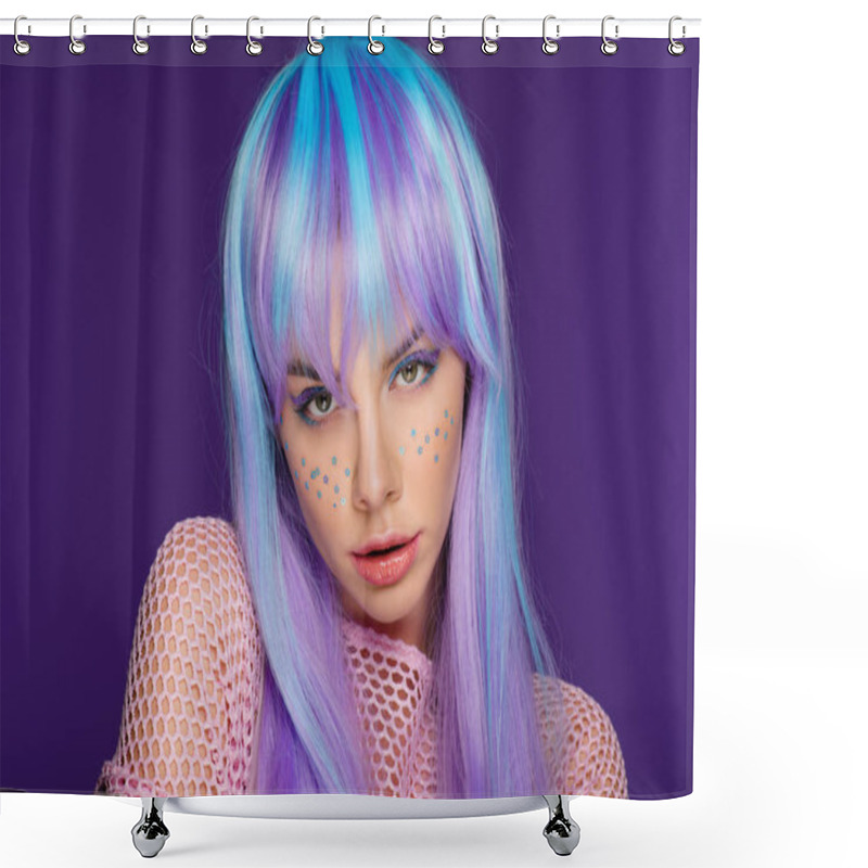 Personality  Beautiful Sensual Girl Posing In Violet Wig With Stars On Face, Isolated On Purple Shower Curtains