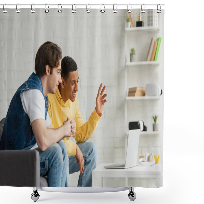 Personality  Cheerful Interracial Friends Sitting Together And Watching At Laptop In Modern Living Room Shower Curtains